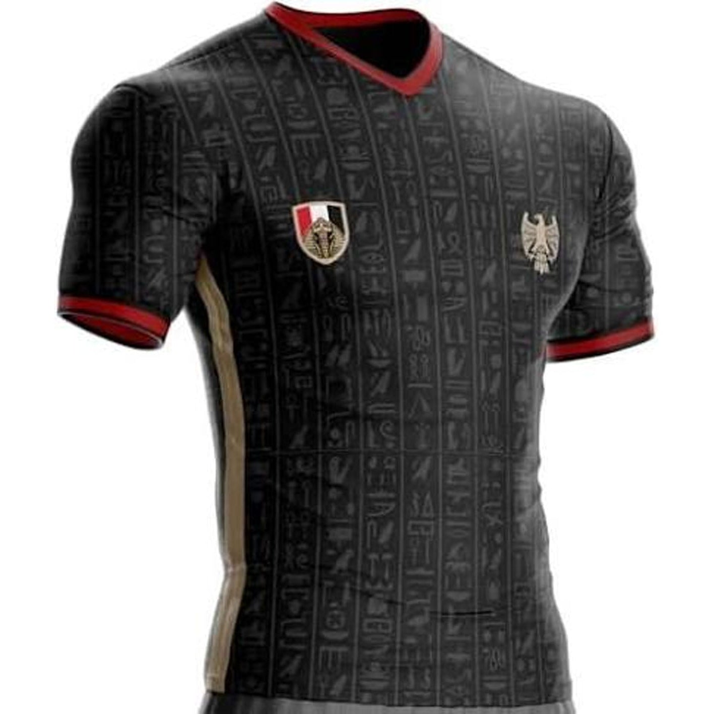 Black Egypt Soccer Jersey with grey patterns and red cuff and v neck