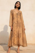 Lady with Beige Embroidered Dress on a blue background