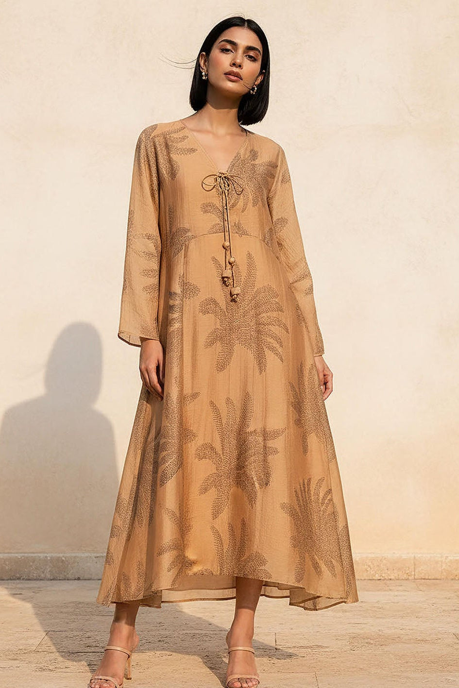 Lady with Beige Embroidered Dress on a blue background