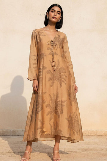 Lady with Beige Embroidered Dress on a blue background