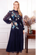Lady with Navy blue Dress and floral embroidery