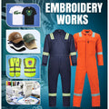 Embroidery works with navy and orange coveralls, t-shirts, caps, and vests on a blue background.