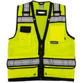 Yellow safety vest with reflective stripes on a white background