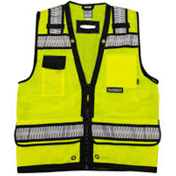Yellow safety vest with reflective stripes on a white background