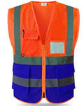 Two-tone orange and blue safety vest on a white background