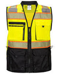High-visibility safety vest with reflective stripes on a white background
