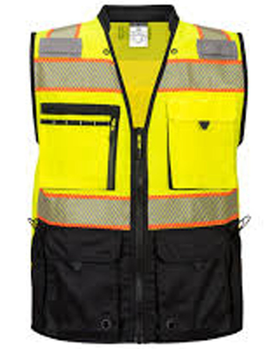 High-visibility safety vest with reflective stripes on a white background