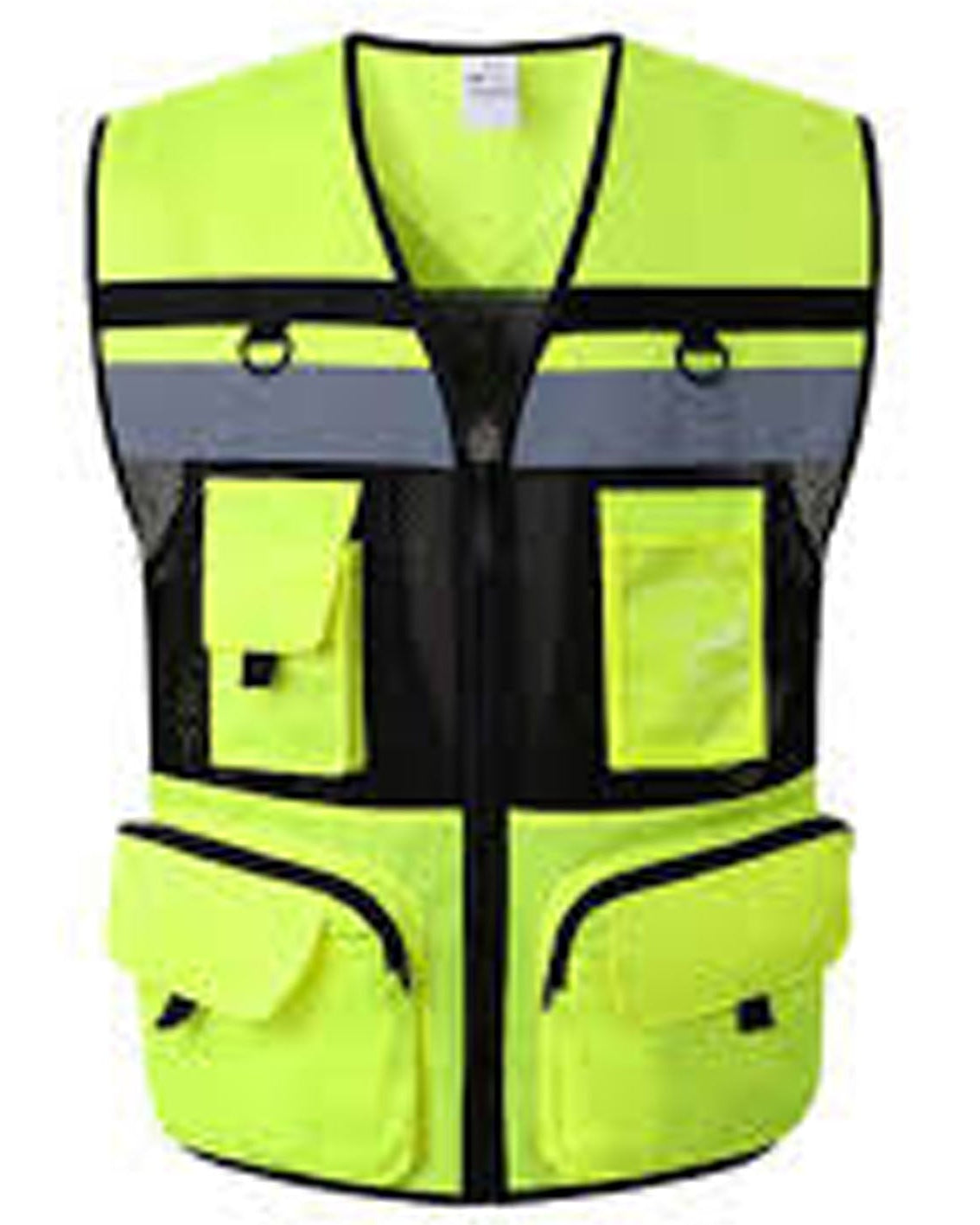 Yellow safety vest with reflective stripes on a white background