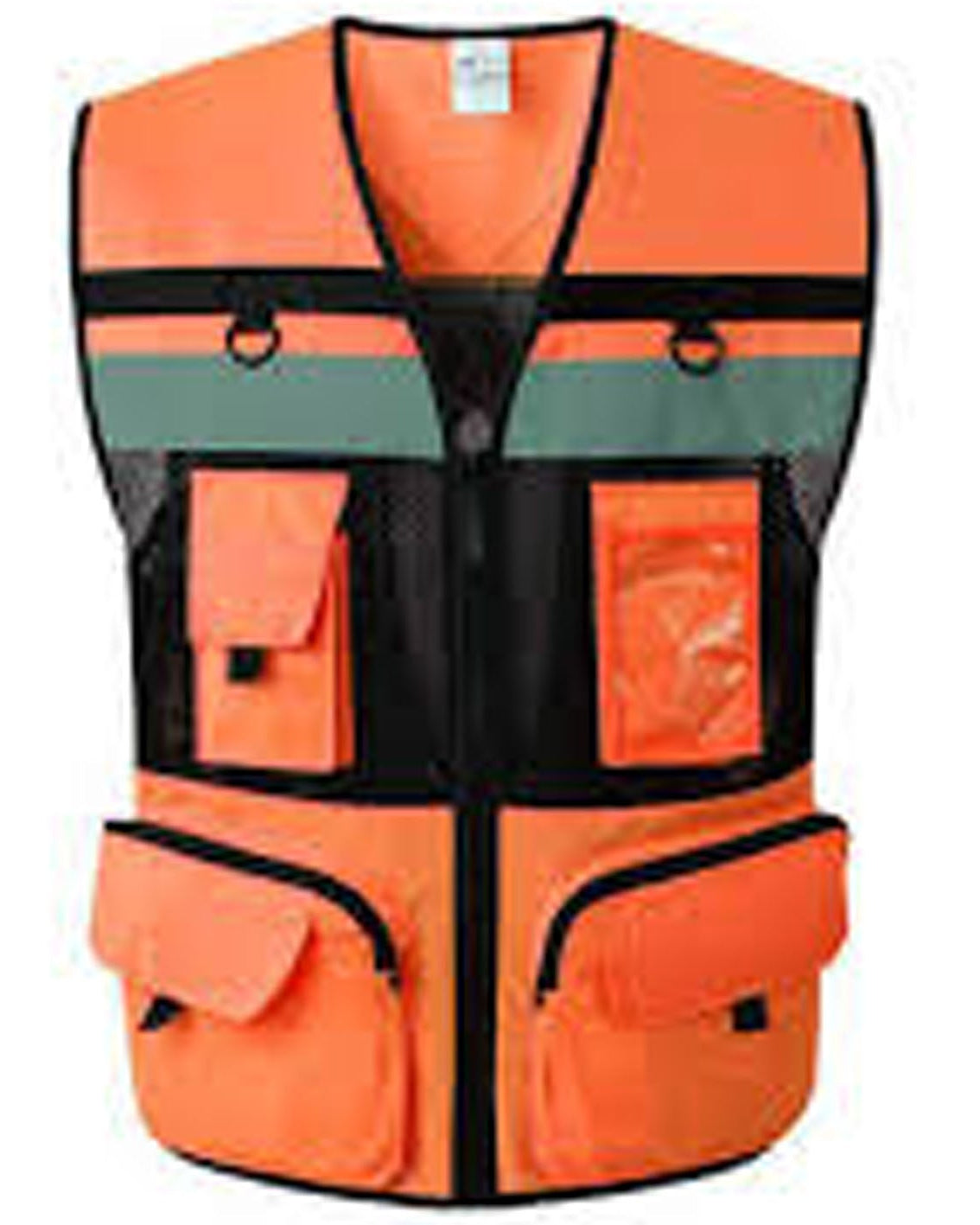 Orange safety vest with multiple pockets on a white background