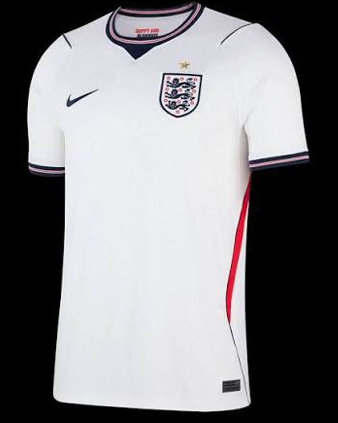 A white Nike England soccer jersey with navy and red trim, featuring the three lions crest and a star on the chest, displayed against a solid black background.
