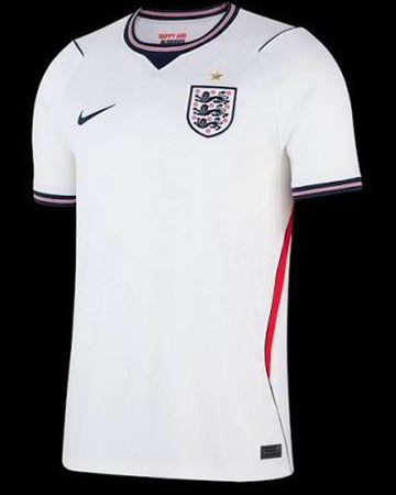 A white Nike England soccer jersey with navy and red trim, featuring the three lions crest and a star on the chest, displayed against a solid black background.