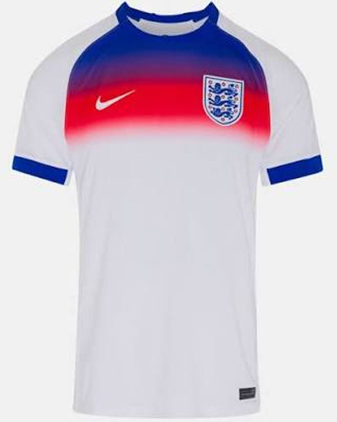 A white short-sleeve soccer jersey with a blue and red gradient chest design, featuring a white Nike swoosh and the England crest on the chest.
