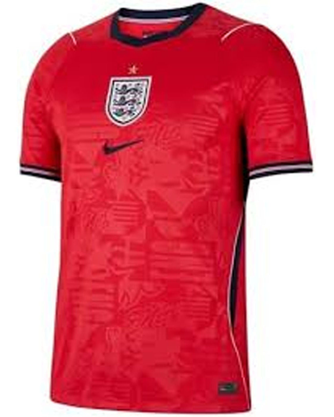 A red short-sleeve soccer jersey with a subtle tonal pattern, featuring the England crest on the chest, a black Nike swoosh, and navy blue trim on the collar and sleeve cuffs.