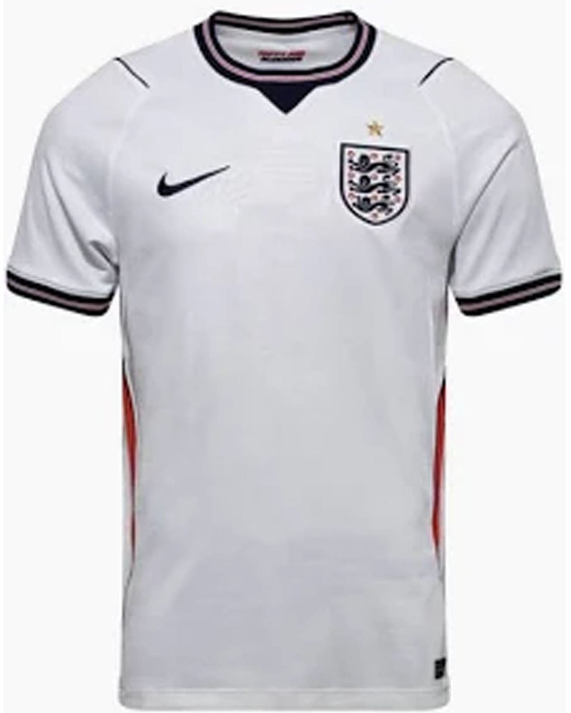 A white Nike England soccer jersey with a navy and white striped V-neck collar, black Nike swoosh on the right chest, and the England crest on the left chest.