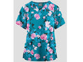 Blue scrub top with pink floral pattern on a white background