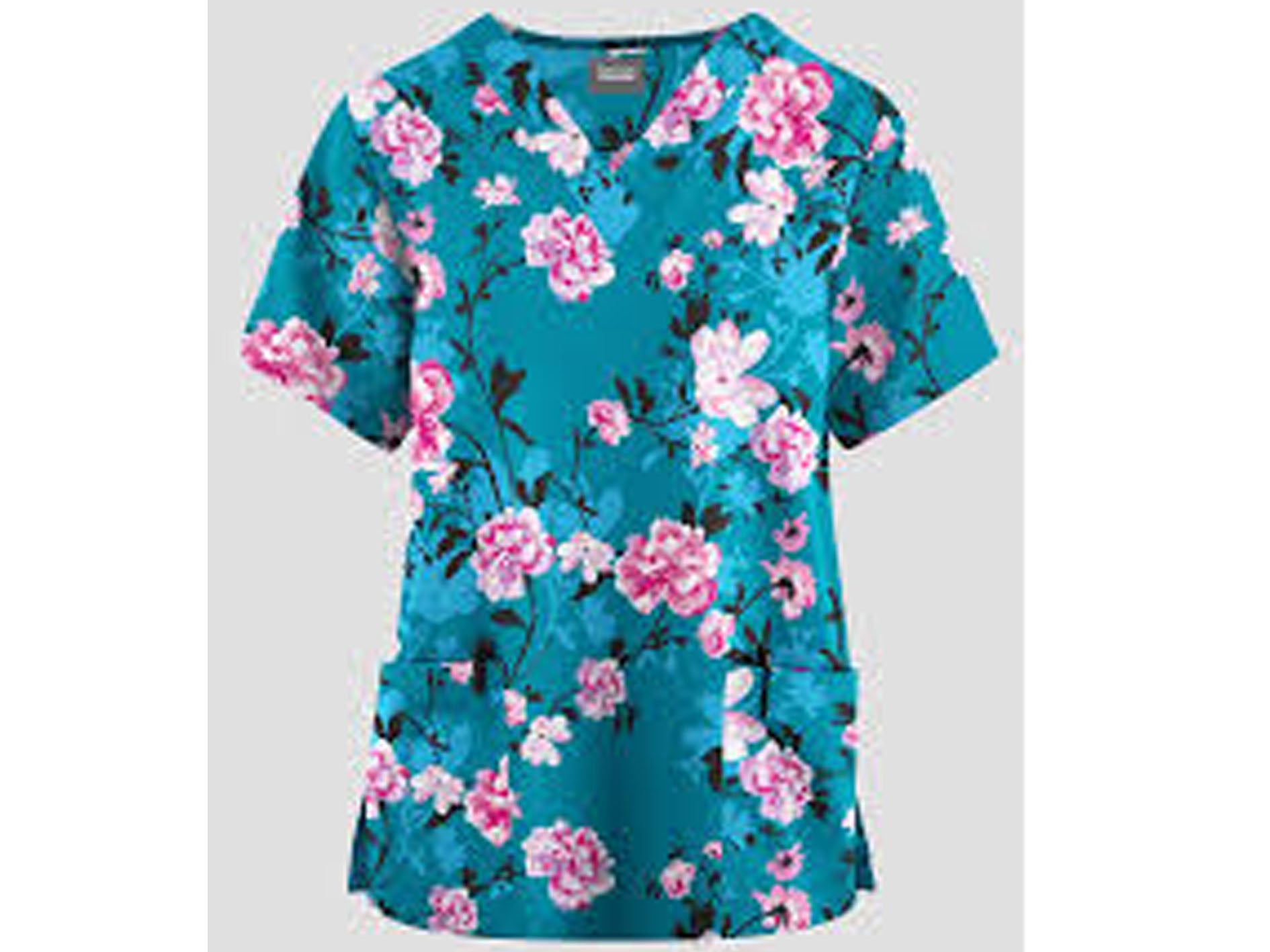 Blue scrub top with pink floral pattern on a white background