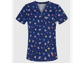 Navy blue scrub top with space-themed pattern on a white background