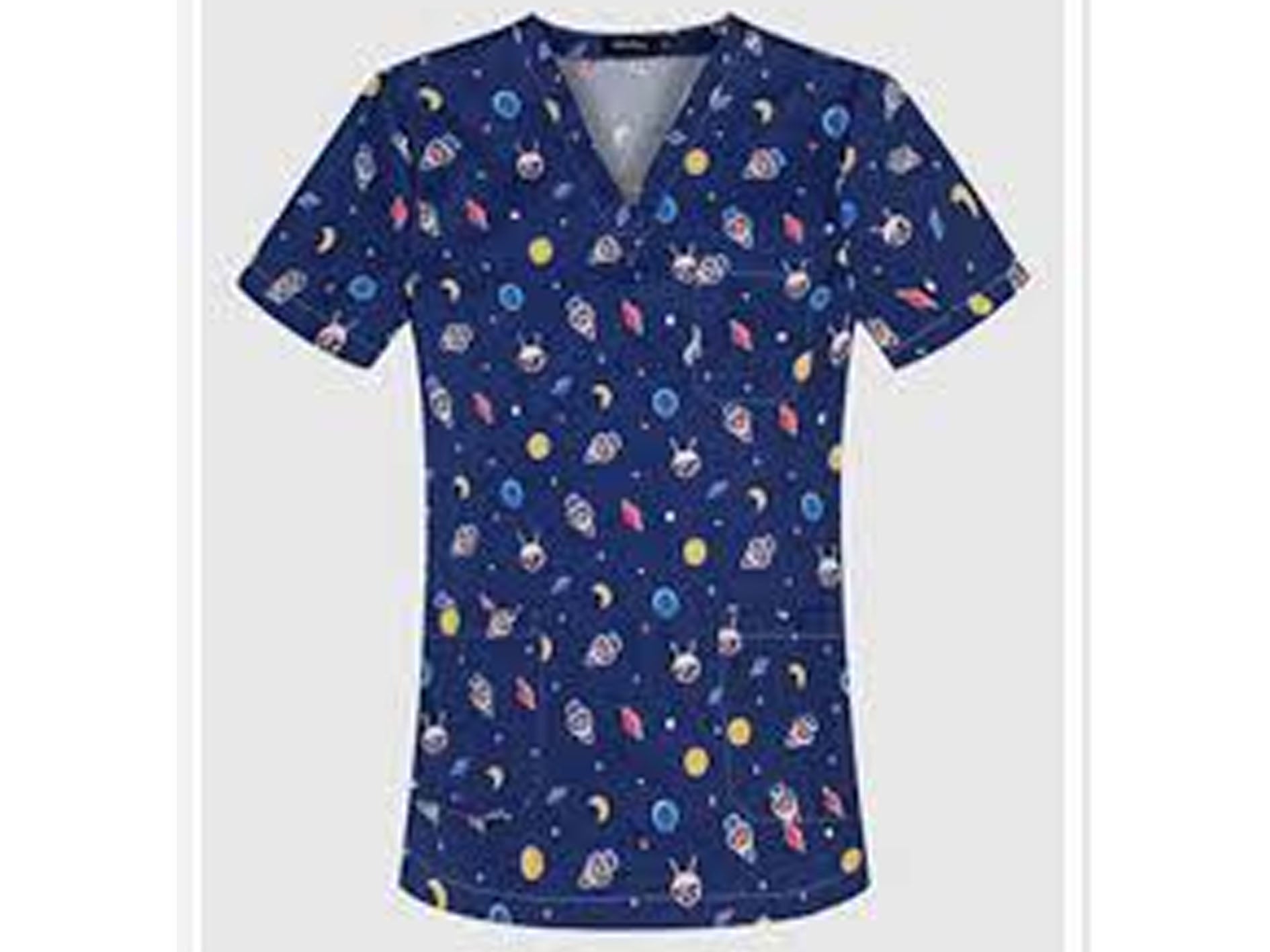 Navy blue scrub top with space-themed pattern on a white background