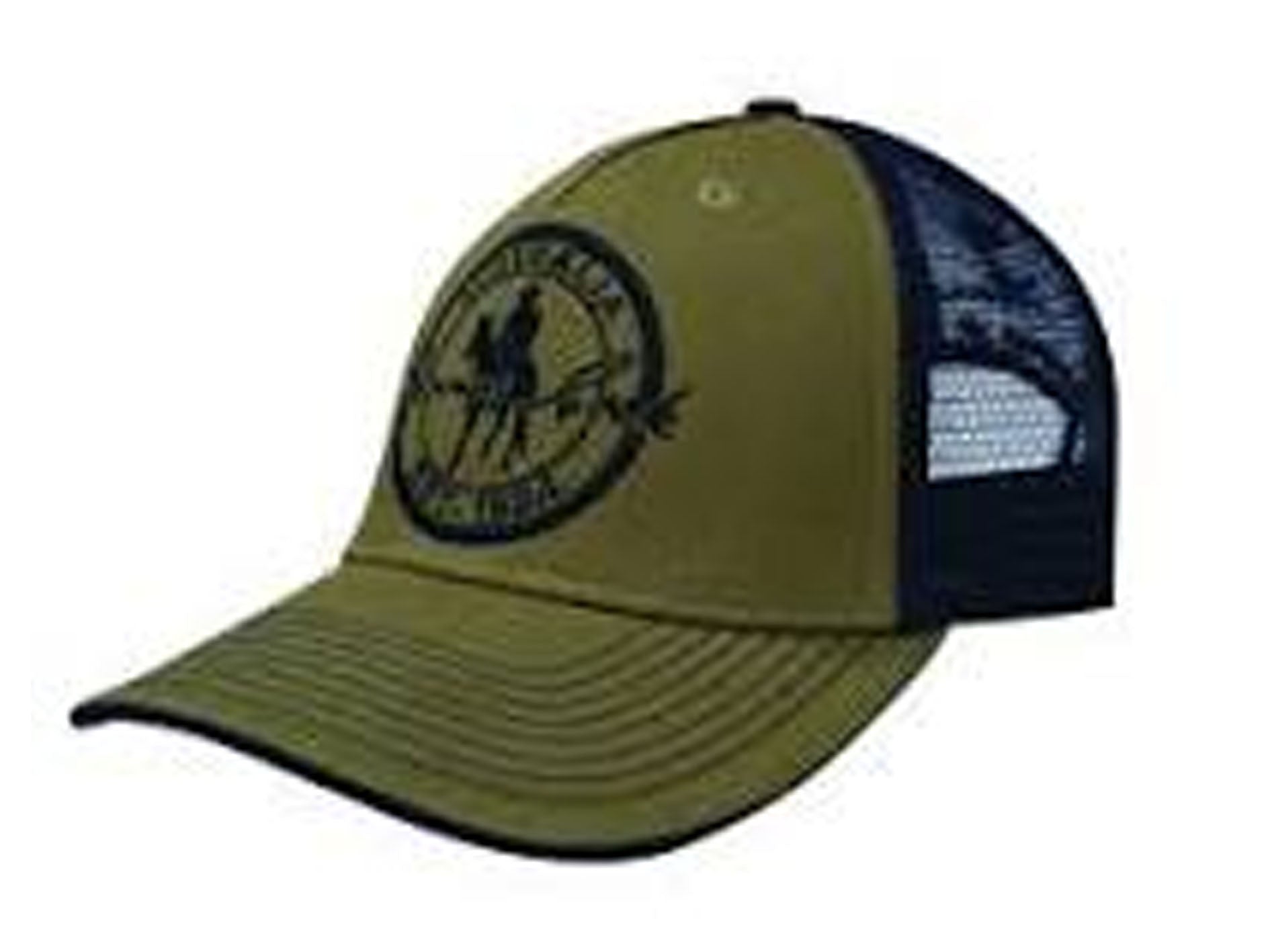 Green and navy cap with a logo on a white background