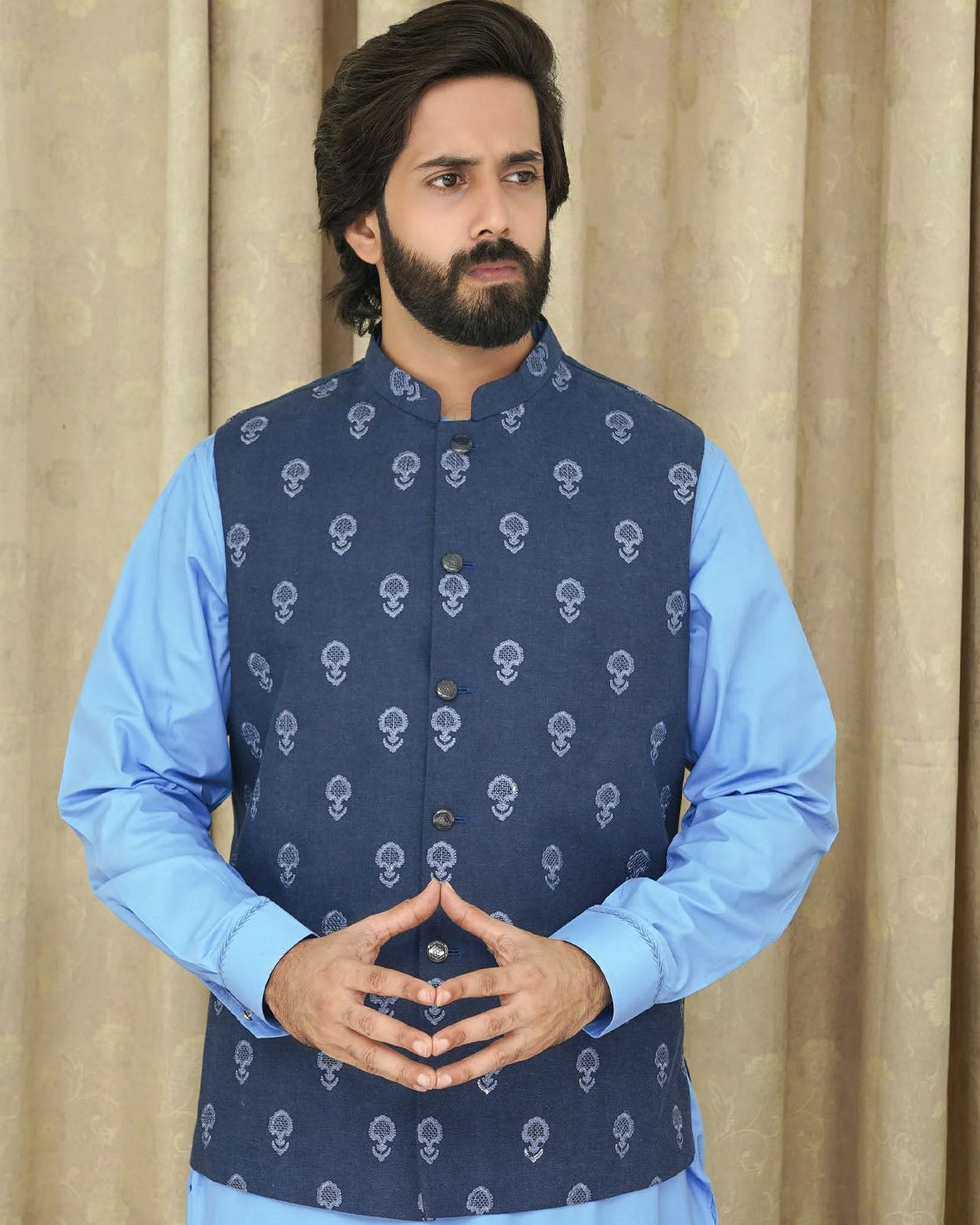 Fawn Waist Coat Blue on a beige background