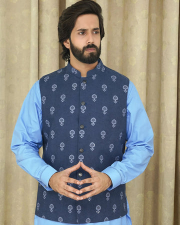 Fawn Waist Coat Blue on a beige background