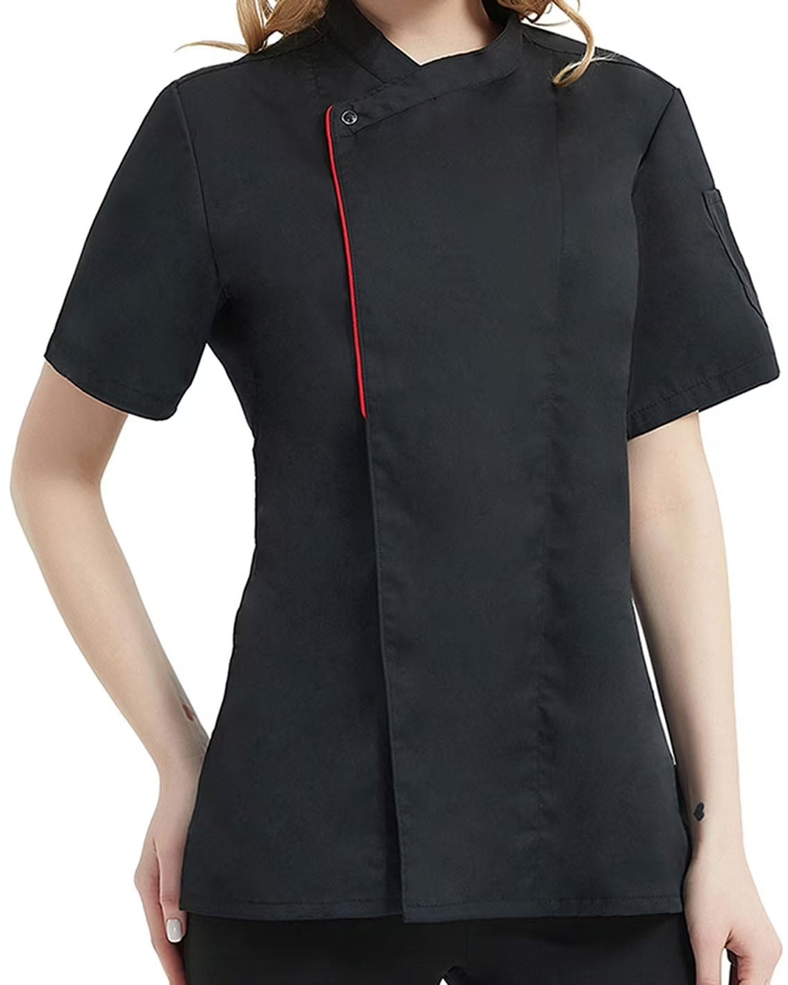A black short-sleeve chef jacket with a red piping accent along the front snap closure, worn by a model against a plain white background.