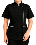 A black short-sleeve chef-style jacket with white piping trim and black buttons, shown on a model against a plain white background.