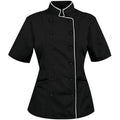 A black short-sleeve chef jacket with white piping trim and black buttons, shown against a plain white background.