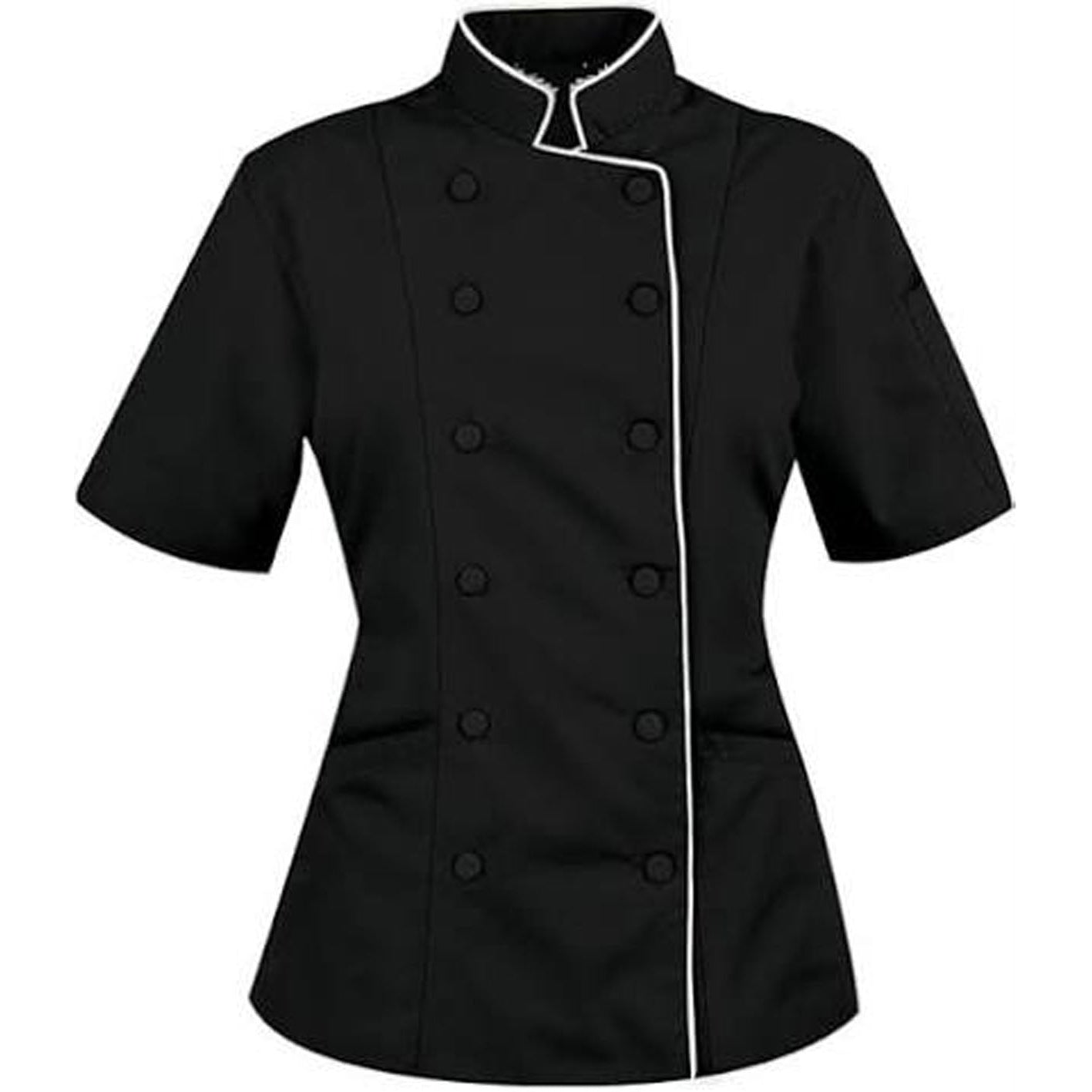A black short-sleeve chef jacket with white piping trim and black buttons, shown against a plain white background.