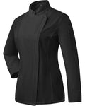 A black long-sleeve chef jacket with a high stand collar and asymmetrical front closure, shown on a plain white background.