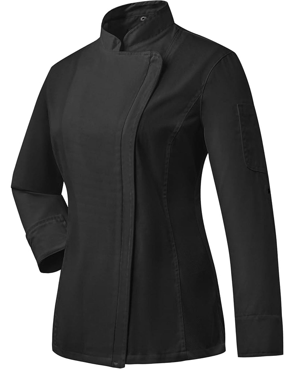 A black long-sleeve chef jacket with a high stand collar and asymmetrical front closure, shown on a plain white background.