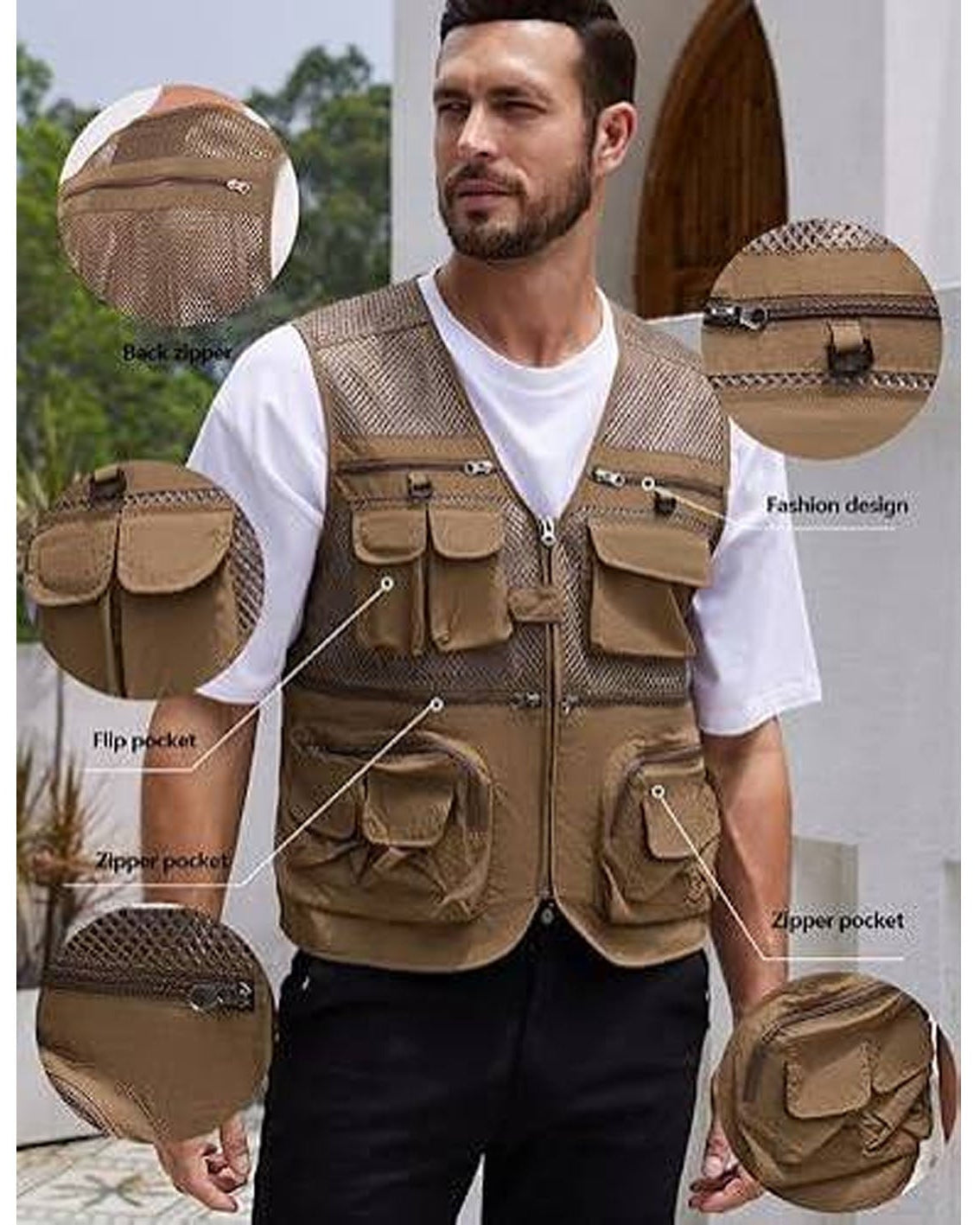 A man wearing a brown multipocket fishing vest with details