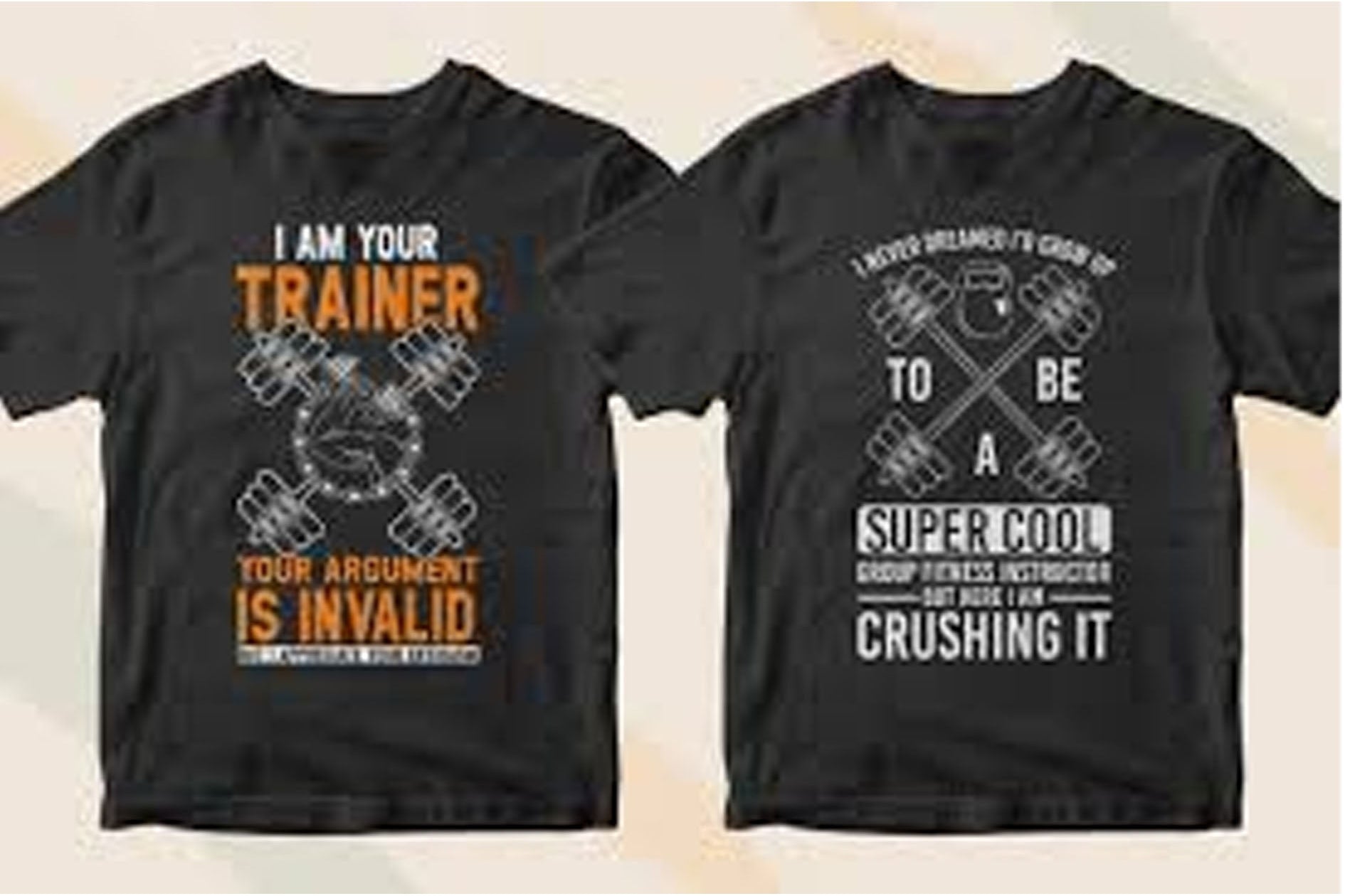 Two black t-shirts with humorous gym-themed graphics and text on a beige background.