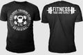 Black t-shirt with fitness-themed graphics on front and back