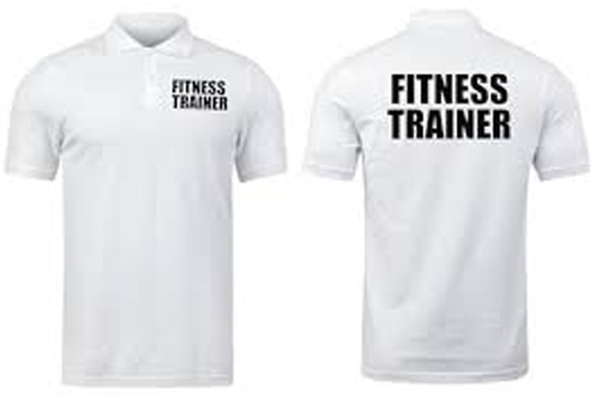 White polo shirt with 'Fitness Trainer' text on front and back