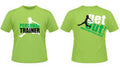 Green t-shirt with 'Personal Trainer' text on front and 'get out!' text on back, on a white background.