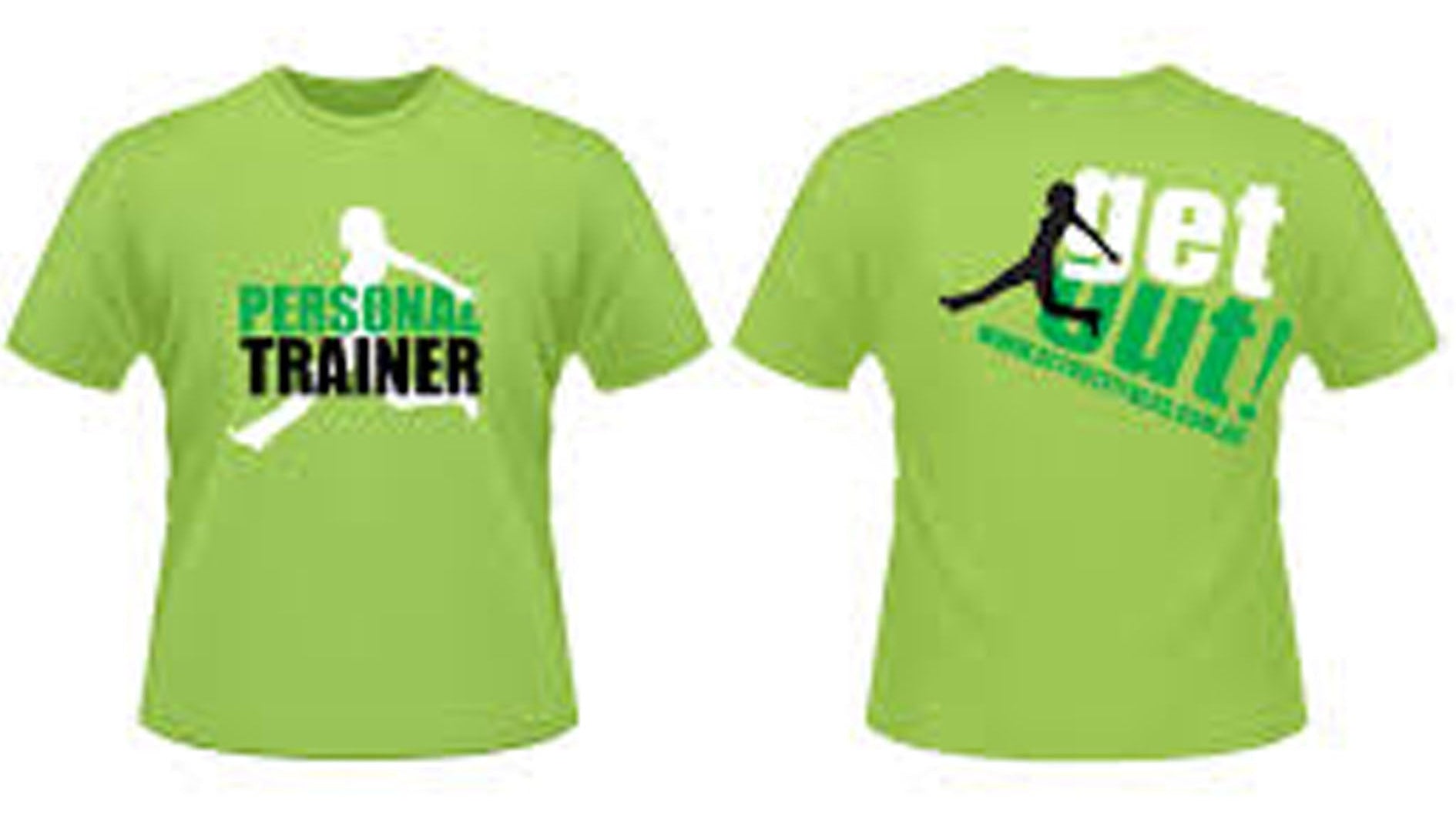 Green t-shirt with 'Personal Trainer' text on front and 'get out!' text on back, on a white background.