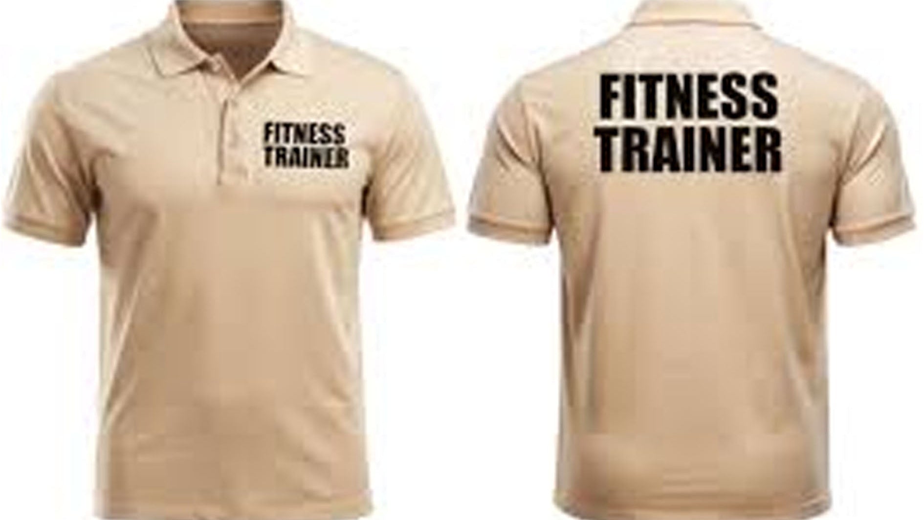 Beige polo shirt with 'Fitness Trainer' text on front and back