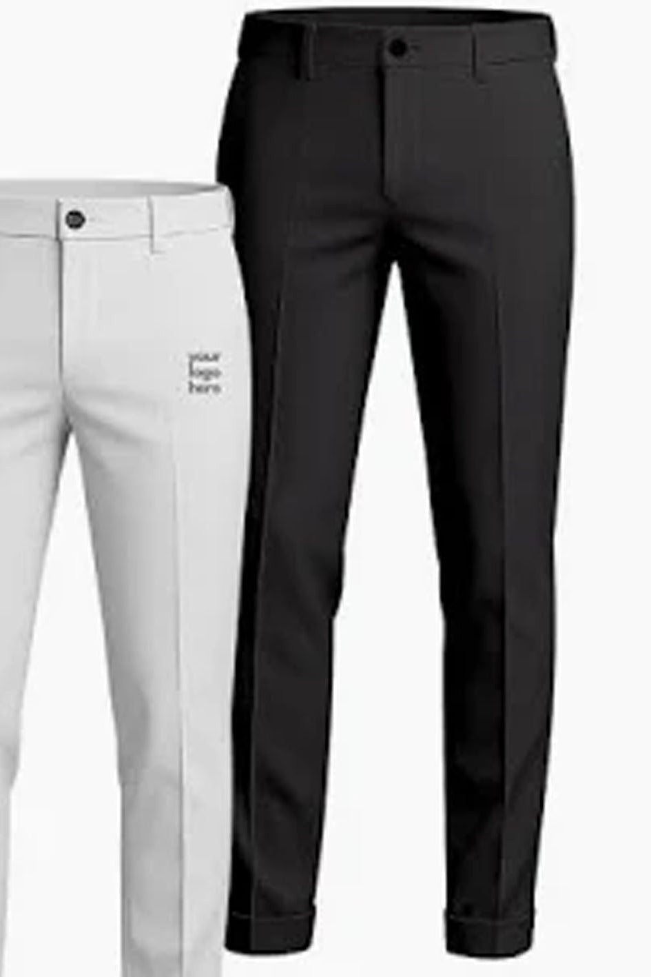 Two pairs of tailored trousers shown on a plain light background: one black pair in front and one white pair behind, both cropped from waist to lower legs with a small printed logo placeholder on the white pair.