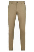 A pair of slim-fit chino pants in a light tan or khaki color, shown flat against a solid white background.