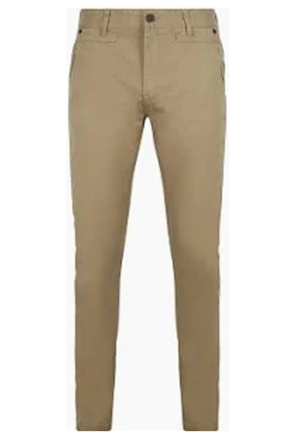 A pair of slim-fit chino pants in a light tan or khaki color, shown flat against a solid white background.