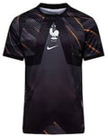 A black and dark gray Nike France national football team home jersey with a subtle diagonal pattern on the sleeves and upper chest, featuring the white Nike swoosh and the French Football Association rooster crest on the center chest.