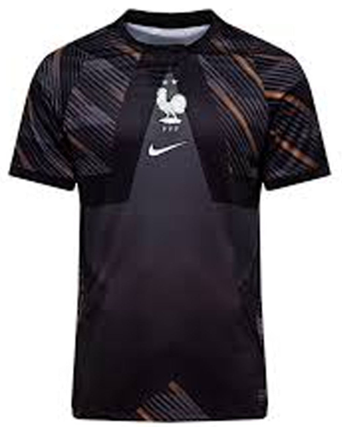A black and dark gray Nike France national football team home jersey with a subtle diagonal pattern on the sleeves and upper chest, featuring the white Nike swoosh and the French Football Association rooster crest on the center chest.