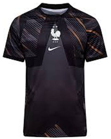 A black and dark gray Nike France national football team home jersey with a subtle diagonal pattern on the sleeves and upper chest, featuring the white Nike swoosh and the French Football Association rooster crest on the center chest.