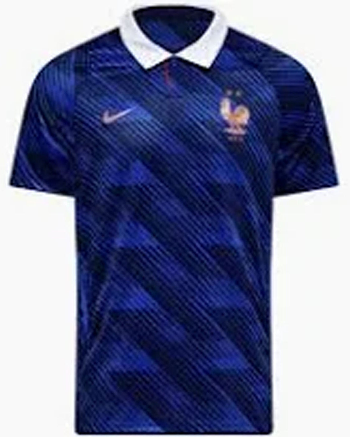 A blue short-sleeve soccer jersey with a white collar, featuring a diagonal geometric pattern, a white Nike swoosh on the right chest, and a French Football Association rooster crest on the left chest.