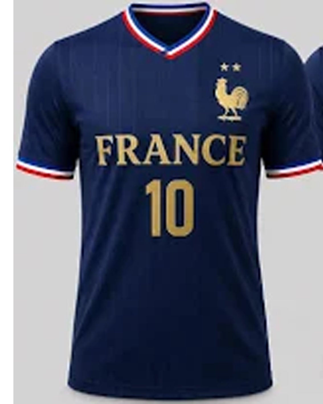 A navy blue France national football team jersey with gold 'FRANCE 10' lettering and a gold rooster crest on the chest, featuring red and white trim on the collar and sleeve cuffs, shown against a light gray background.