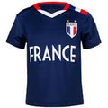 A navy blue short-sleeve soccer jersey with 'FRANCE' printed in white across the chest, featuring the French national team crest on the left chest and red, white, and blue trim on the V-neck collar and shoulders.