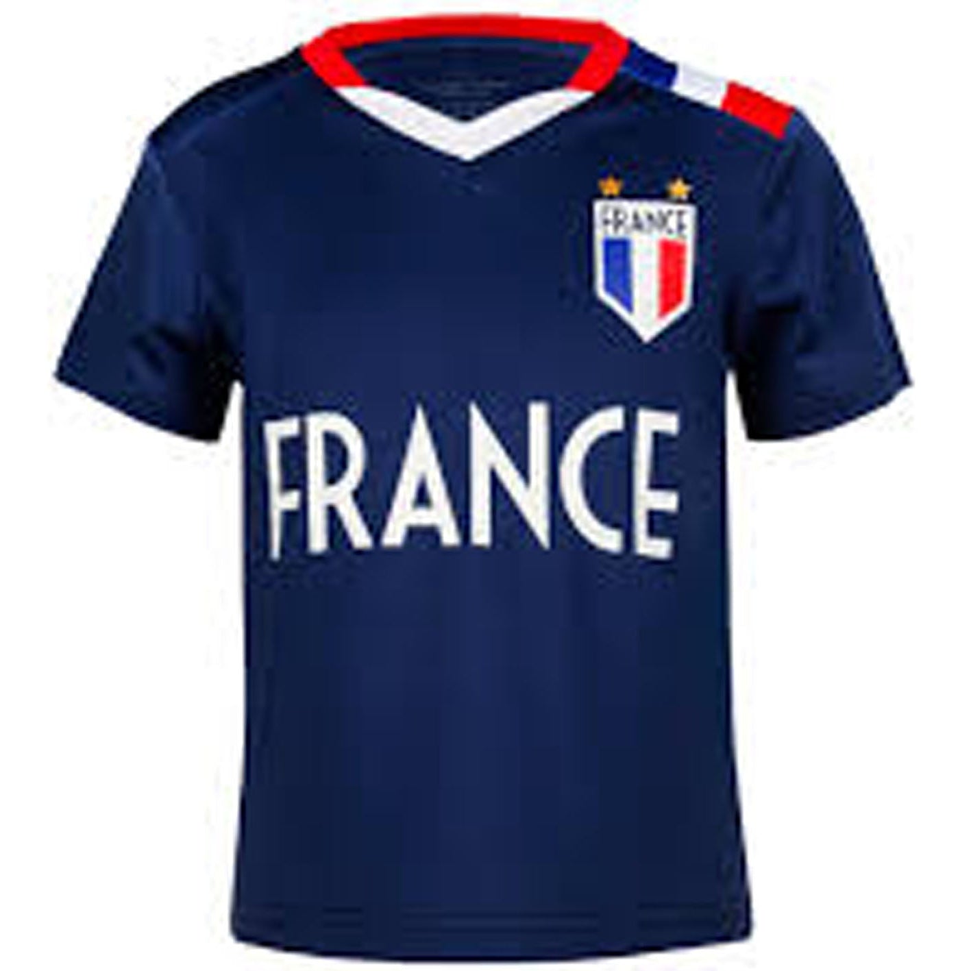 A navy blue short-sleeve soccer jersey with 'FRANCE' printed in white across the chest, featuring the French national team crest on the left chest and red, white, and blue trim on the V-neck collar and shoulders.