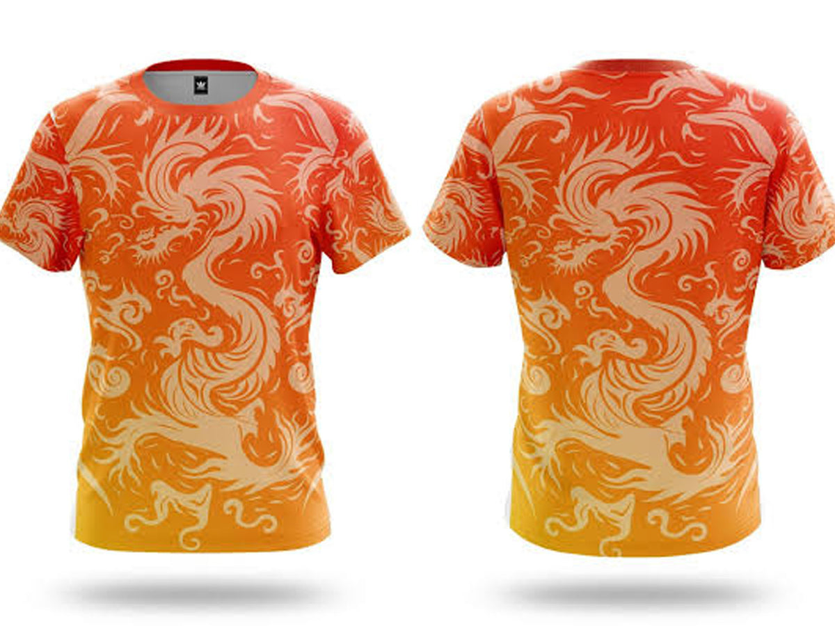 Orange Full sublimation Tshirt with beige dragon design