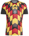 Soccer jersey with red, yellow, and black pattern on a white background